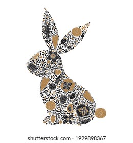 Floral black and gold silhouette of an Easter Bunny. Cute vector illustration.