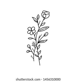 Floral black invitation hand drawn. Decorative vector blossom, bloom isolated on white background. Inflorescence cartoon illustration. Postcard, greeting card design, t shirt