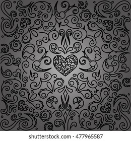 Floral black ornament on dark backround. Wallpaper pattern.