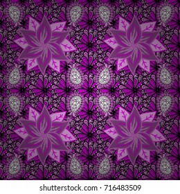 Floral black, purple and pink seamless pattern. Vector flower print. Vintage outline illustration. Vector Tender fabric pattern.