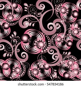  Floral black seamless pattern background wallpaper with vintage abstract pink  flowers,leaves and ornaments.Vector fabric pattern. Flowery illustration.