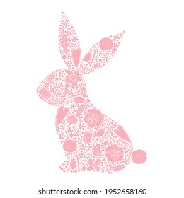 Floral black silhouette of an Easter Bunny. Cute vector illustration.