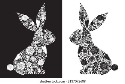 Floral black silhouette of an Easter Bunny. Cute vector illustration.