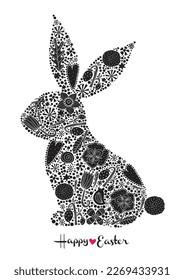 Floral black silhouette of an Easter Bunny. Cute vector illustration.