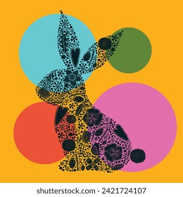 Floral black silhouette of an Easter Bunny. Cute vector illustration.