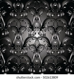 Floral black vector seamless pattern background wallpaper illustration with vintage decorative line art 3d flowers leaves and ornaments,Vintage floral seamless pattern.Flowers wallpaper.