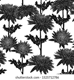 Floral black and white background with chrysanthemums. Vintage pattern.