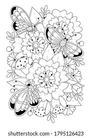 Floral black and white background for coloring with pencils, felt-tip pens, paints for children and adults. Vector illustration with butterflies and ants for your hobby and good time. Image for design