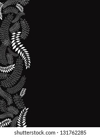 Floral black and white background. Leaves silhouettes border.