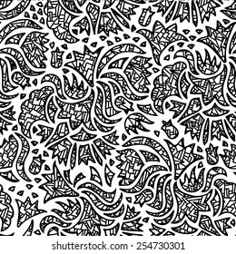 Floral black and white background. Seamless hand drawn monochrome pattern.