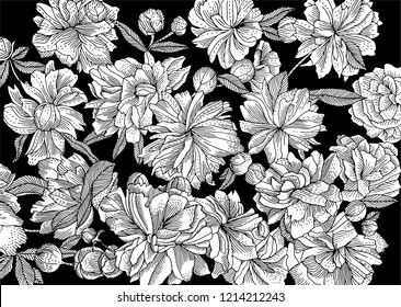 Floral Black And White Flower Line Work Wallpaper, Vector Illustration