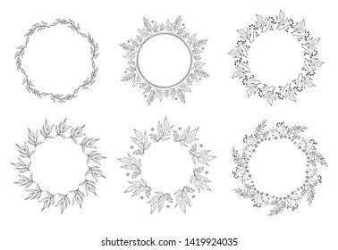 Floral black and white Frame Collection in line style. Set of cute retro leaf arranged un a shape of the wreath for wedding invitations and birthday cards