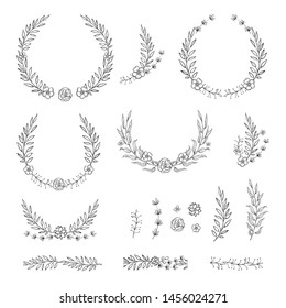 Floral black and white Frame Collection in line style. Set of cute retro leaf arranged in a shape of the wreath for wedding invitations and birthday cards