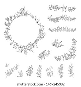 Floral black and white Frame Collection in line style. Set of cute retro leaf arranged un a shape of the wreath for wedding invitations and birthday cards