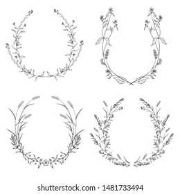 Floral black and white Frame Collection in line style. Set of cute retro wild herbs arranged un a shape of the wreath for wedding invitations and birthday cards