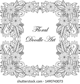 Floral black and white frame. Doodle greeting card. Vintage vector illustration.