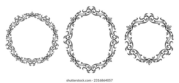 Floral black and white Frames Collection in line style. Set of cute retro calligraphic frames for wedding invitations and birthday cards