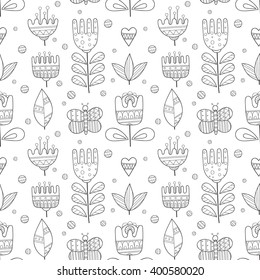 Floral black and white hand drawn seamless pattern. Doodle flowers, leaves, butterfly vector background.