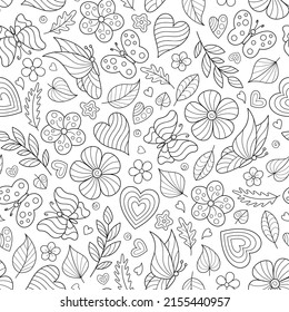 Floral Black and White Hand-drawn Seamless Pattern of Outline Butterflies, Flowers, Leaves, Twigs. Doodle Art. Contour bw Natural Continuous Motif for Page of Coloring Book.