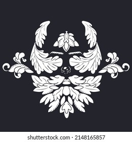 Floral black and white illustration of man with beard of leafs. Design element for print on T-short, logo, emblem, poster, card. Barber shop template.