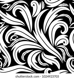 Floral black and white leafy Baroque seamless pattern. Vector damask background with hand drawn doodle  scroll leaves, curves, swirls, antique ornaments in baroque style. Isolated design for fabric