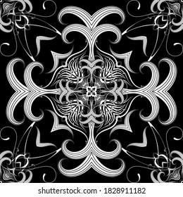 Floral black and white lines seamless pattern. Ornamental ethnic background wallpaper illustration with vintage paisley flowers, swirl line art tracery leaves and elegance ornaments. Ornate texture.
