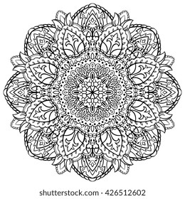 Floral black and white mandala. Ornament for coloring books. Round element for design. Sketch for tattoo. Oriental pattern. 