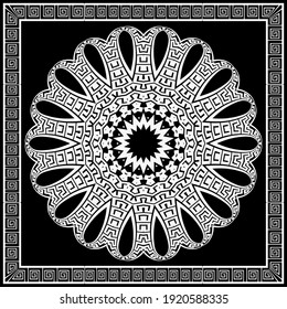 Blumenmuster Schwarz-Weiß Mandala. Quadratischer Rahmen. Vektorgrafik-Zierhintergrund. Dekorativer ethnischer Hintergrund des Stammes. Griechische Ziergegenstände. Abstrakte runde Blume mit Linien, griechischer Schlüssel, Mäander, Grenzen.