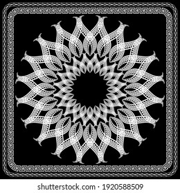 Patrón de mandala blanca y negra floral. Marco cuadrado. Fondo ornamental vectorial. Fondo étnico tribal decorativo. Ornamentos griegos. Resumen flor redonda con llave griega, meandros, bordes trenzados.
