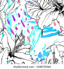 Floral Black and White Pattern. Blue Artistic Watercolor Print. Outline Flowers Seamless Surface. Botanical Vector Motif. Blooming Texture For Fashion. Drawing Abstract Leaf. Trends Tropic Background.