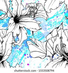 Floral Black and White Pattern. Blue Artistic Watercolor Print. Outline Flowers Seamless Surface. Botanical Vector Motif. Blooming Texture For Fashion. Drawing Abstract Leaf. Trends Tropic Background.