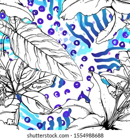 Floral Black and White Pattern. Blue Artistic Watercolor Print. Outline Flowers Seamless Surface. Botanical Vector Motif. Blooming Texture For Fashion. Drawing Abstract Leaf. Trends Tropic Background.