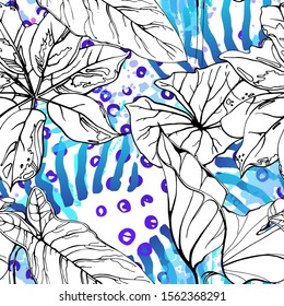 Floral Black and White Pattern. Blue Artistic Watercolor Print. Outline Flowers Seamless Surface. Botanical Vector Motif. Blooming Texture For Fashion. Drawing Abstract Leaf. Trends Tropic Background.