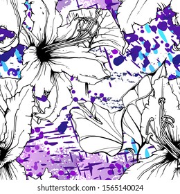 Floral Black and White Pattern. Blue Artistic Watercolor Print. Outline Flowers Seamless Surface. Botanical Vector Motif. Blooming Texture For Fashion. Drawing Abstract Leaf. Trends Tropic Background.