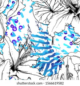 Floral Black and White Pattern. Blue Artistic Watercolor Print. Outline Flowers Seamless Surface. Botanical Vector Motif. Blooming Texture For Fashion. Drawing Abstract Leaf. Trends Tropic Background.