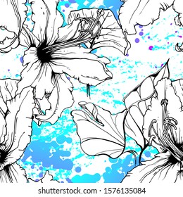 Floral Black and White Pattern. Blue Artistic Watercolor Print. Outline Flowers Seamless Surface. Botanical Vector Motif. Blooming Texture For Fashion. Drawing Abstract Leaf. Trends Tropic Background.