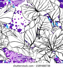 Floral Black and White Pattern. Blue Artistic Watercolor Print. Outline Flowers Seamless Surface. Botanical Vector Motif. Blooming Texture For Fashion. Drawing Abstract Leaf. Trends Tropic Background.