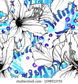 Floral Black and White Pattern. Blue Artistic Watercolor Print. Outline Flowers Seamless Surface. Botanical Vector Motif. Blooming Texture For Fashion. Drawing Abstract Leaf. Trends Tropic Background.