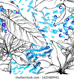 Floral Black and White Pattern. Blue Artistic Watercolor Print. Outline Flowers Seamless Surface. Botanical Vector Motif. Blooming Texture For Fashion. Drawing Abstract Leaf. Trends Tropic Background.