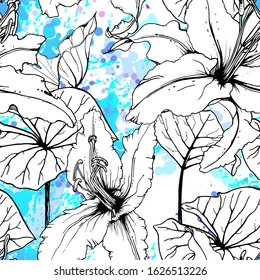 Floral Black and White Pattern. Blue Artistic Watercolor Print. Outline Flowers Seamless Surface. Botanical Vector Motif. Blooming Texture For Fashion. Drawing Abstract Leaf. Trends Tropic Background.