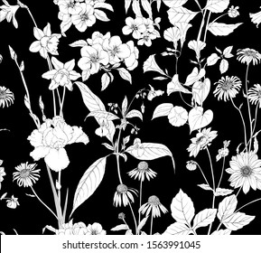 Floral black and white pattern for fabric seamless vector. Ornament of daisies, daffodils, irises, dahlias, and other silhouettes of flowers.