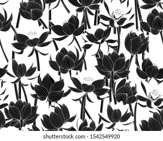 Floral black and white pattern with Lotus flowers. Seamless vector ornament.