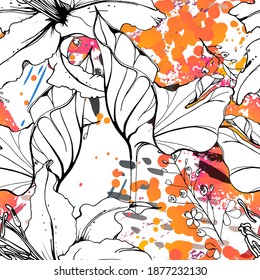 Floral Black White Pattern. Modern Watercolor