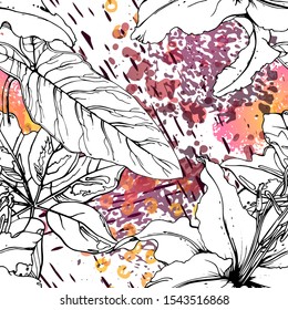 Floral Black and White Pattern. Pink Artistic Watercolor Print. Outline Flowers Seamless Surface. Botanical Vector Motif. Blooming Texture For Fashion. Drawing Abstract Leaf. Trends Tropic Background.