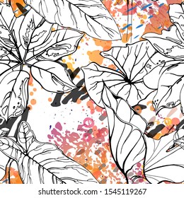 Floral Black and White Pattern. Pink Artistic Watercolor Print. Outline Flowers Seamless Surface. Botanical Vector Motif. Blooming Texture For Fashion. Drawing Abstract Leaf. Trends Tropic Background.