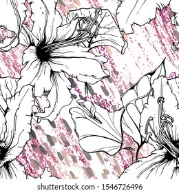Floral Black and White Pattern. Pink Artistic Watercolor Print. Outline Flowers Seamless Surface. Botanical Vector Motif. Blooming Texture For Fashion. Drawing Abstract Leaf. Trends Tropic Background.