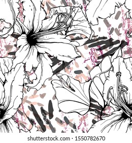 Floral Black and White Pattern. Pink Artistic Watercolor Print. Outline Flowers Seamless Surface. Botanical Vector Motif. Blooming Texture For Fashion. Drawing Abstract Leaf. Trends Tropic Background.