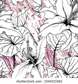 Floral Black and White Pattern. Pink Artistic Watercolor Print. Outline Flowers Seamless Surface. Botanical Vector Motif. Blooming Texture For Fashion. Drawing Abstract Leaf. Trends Tropic Background.