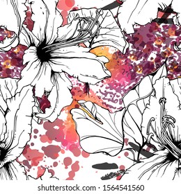 Floral Black and White Pattern. Pink Artistic Watercolor Print. Outline Flowers Seamless Surface. Botanical Vector Motif. Blooming Texture For Fashion. Drawing Abstract Leaf. Trends Tropic Background.