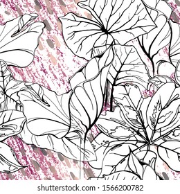 Floral Black and White Pattern. Pink Artistic Watercolor Print. Outline Flowers Seamless Surface. Botanical Vector Motif. Blooming Texture For Fashion. Drawing Abstract Leaf. Trends Tropic Background.